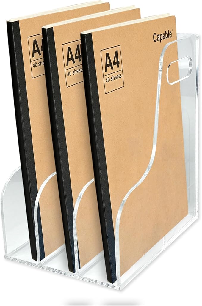 3-Tier Clear Acrylic File Holder, Vertical Document Organizer for Magazines, Binders, Notebooks & Envelopes - Multi-Purpose Desk Storage for Home Office（A4,3 Sections）