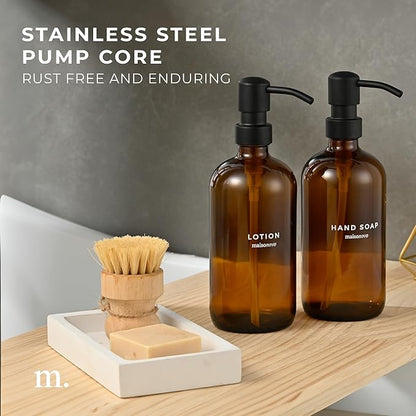 MaisoNovo Soap Dispenser 3-Piece Set | 16.9oz Amber Bottles Black Plastic Pumps with Ceramic Tray