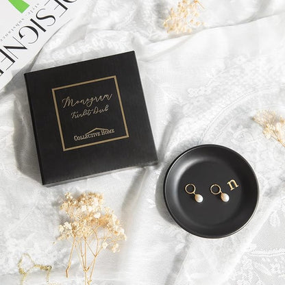 COLLECTIVE HOME - Ceramic Jewelry Tray, Decorative Trinket Dish for Rings Earrings Necklaces Bracelet Watch Keys, Birthday Mother's Day Christmas Gift for Women, 4.75", Black Surface (n)