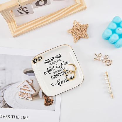 COZITED Aunt & Niece Ring Trinket Dish - Connected By Heart, Birthday Christmas Valentines Mother's Day Gift, White