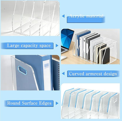 6-Tier Clear Acrylic File Holder, Vertical Document Organizer for Magazines, Binders, Notebooks & Envelopes - Multi-Purpose Desk Storage for Home Office（B5,6 Sections）