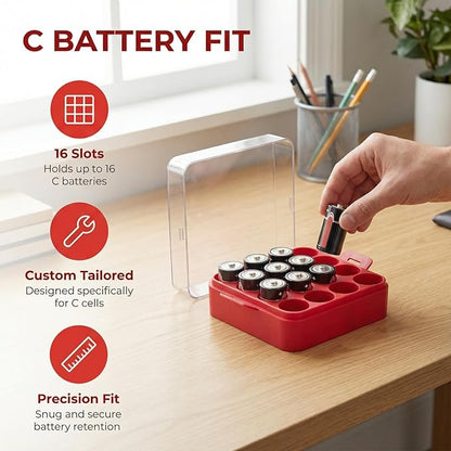 ALCYON Battery Organizer Storage Case, Battery Vault Box Container for 16pcs C Batteries, Plastic Clear Protective Battery Holder for Travelling/Home/Office (Red,Medium)