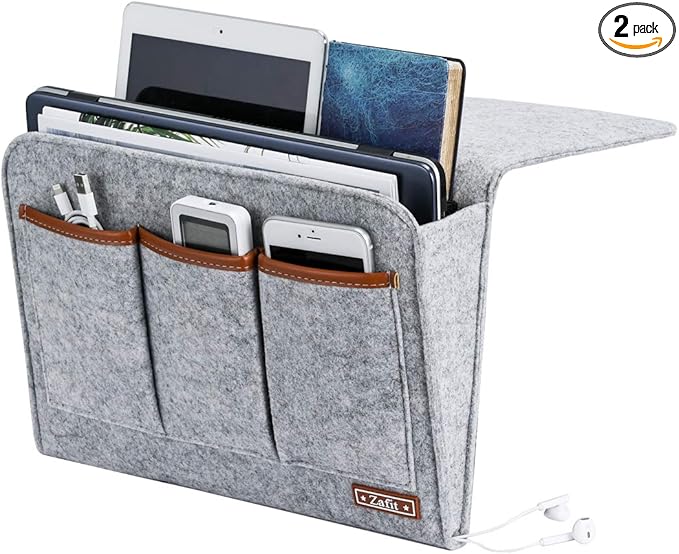 Zafit Bedside Caddy, 6 Pockets Large Size Bedside Storage Organizer Bedside Organizer Caddy for Magazine Remotes Phone (13.4'' x 18.1'', Light Grey)
