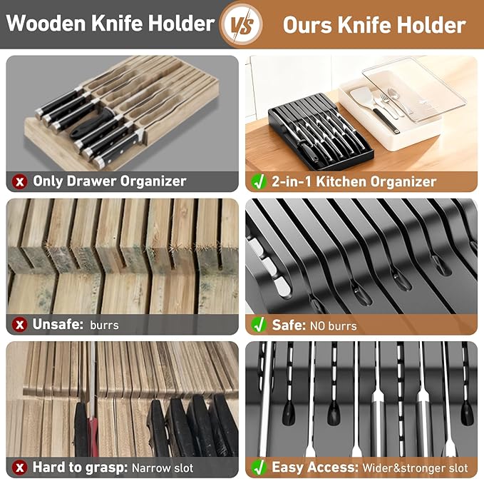MAD SHARK 2-in-1 Detachable Knife Block & Silverware Organizer, Drawer Knife Holder for 10 Knives, BPA-Free, Blade-Safe Slots, Save Counter Space, Kitchen Drawer or Counter Storage, No Knives