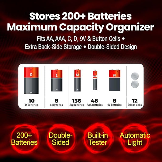Battery Daddy Storage & Organizer Case w/Light and Tester, Stores & Protects Over 200 Batteries, Double-Sided, Clear Locking Lid, Secure Latches & Portable Handle- Black (Batteries Not Included)