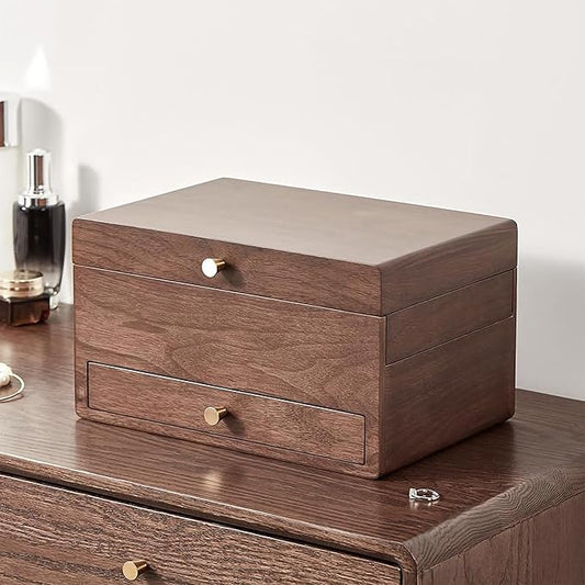 CHOSIN Black Walnut Jewelry Box for Women, 3-Level Multi-functional Organizer with Mirror for Watches, Necklaces, Rings & Earrings Storage Christmas Gifts