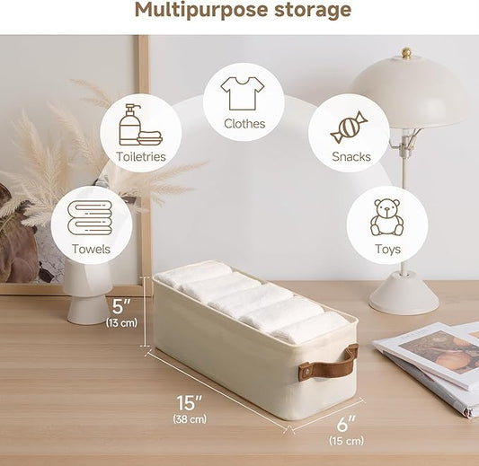 StorageWorks Narrow Storage Bins, Small Basket for Closet and Shelves, Fabric Organizer with Handles, Toilet Paper Storage, Natural Color, 2-Pack