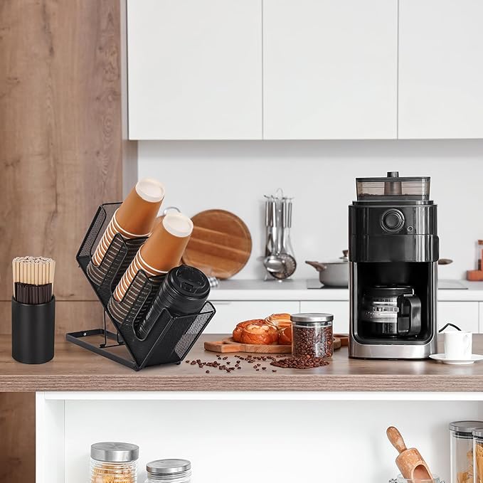 Disposable Coffee Cup Holder with Straw Organizer, Paper Cup and Lid Holder Dispenser for Coffee Station Bar Countertop Restaurant Breakroom, Black