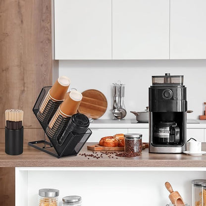 Disposable Coffee Cup Holder with Straw Organizer, Paper Cup and Lid Holder Dispenser for Coffee Station Bar Countertop Restaurant Breakroom, Black