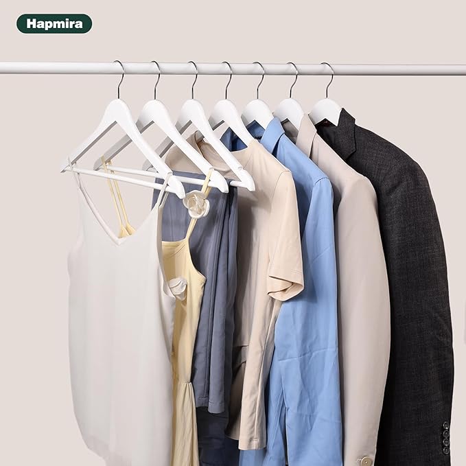 Hapmira Premium Wooden Hangers 10 Pack, Natural Solid Wood Hangers with Trouser Rods and Shoulder Notches, Space Saving for Suits, Shirts, Jackets, Dresses and Pants (10, White)