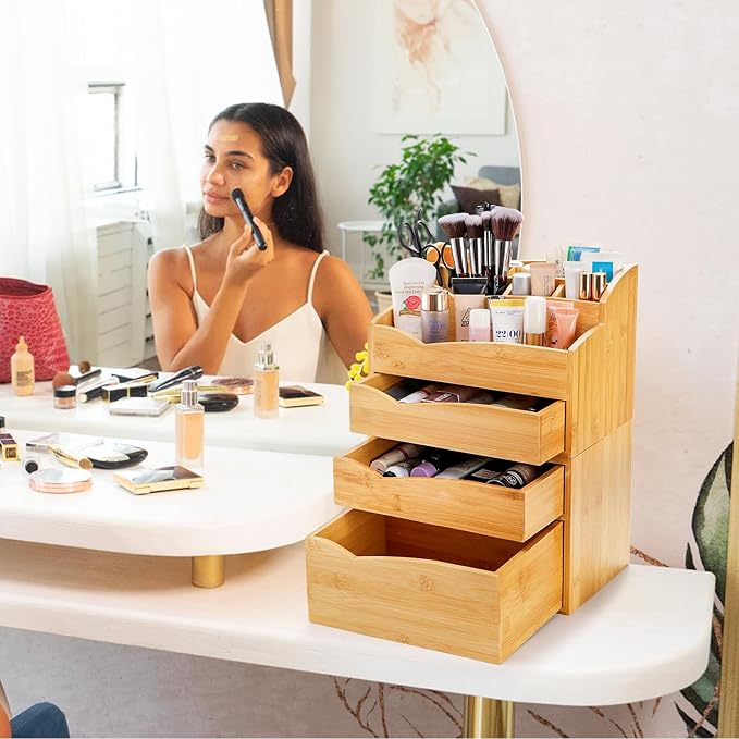 Yopay 2 Pack Bamboo Desk Organizer, Stackable Desktop Organizers with 3 Drawers, Bamboo Office Tabletop, Countertop Organization for Stationery, Makeup Vanity, Fully Assembled