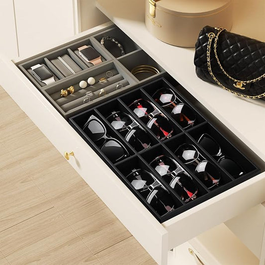 Cretkhp Sunglass Organizer Tray, PU Leather Sunglasses Organizer with 8 Grids for Drawer, Stackable Sunglass Holder Storage