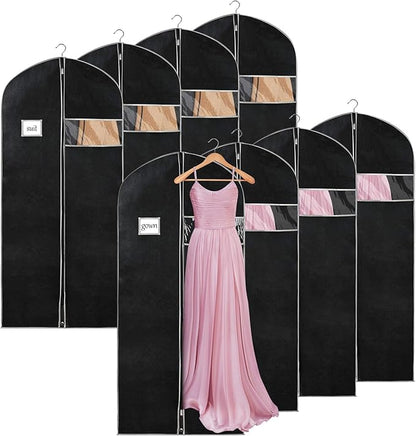 Syeeiex 60'' Dress Bags for Gowns, Set of 8 Garment Bags for Hanging Clothes, Dress Garment Bag, Dustproof and Keep Closet Tidy,Perfect for Suits,Evening Dresses,Fur Coat,Long Dress Gown(Black&Grey)