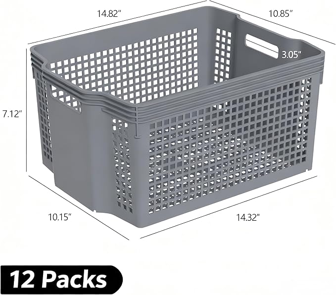 12-Pack Large Organization Basket, Pantry Storage Bins, Stackable Plastic Storage Basket for Organizing(Gray)