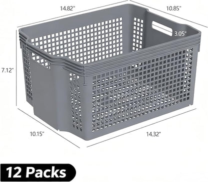 12-Pack Large Organization Basket, Pantry Storage Bins, Stackable Plastic Storage Basket for Organizing(Gray)