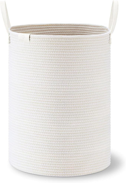 VIPOSCO Tall Laundry Basket, Large Dirty Clothes Hamper with Leather Handle, Woven Rope Storage Basket for Blanket, Toy In Living Room, Bathroom, Bedroom - 58L White