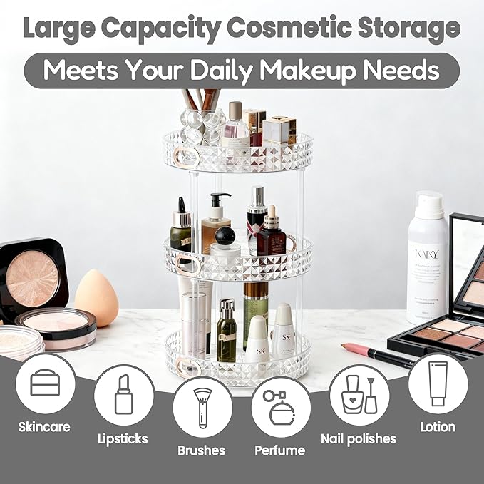 HsaExtriva 360 Rotating Makeup Organizer for Vanity, 3 Tier Diamond Patterned Perfume Organizer for Women, Large Capacity Skincare Lotion Cosmetic Storage Dresser Bathroom Countertop Lazy Susan, Clear
