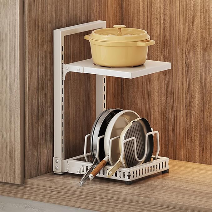 Dxcaicc Adjustable Pot Organizer Rack for Under Cabinet, Heavy Duty Storage Holder for Pots, Pans, and Lids, Space-Saving Kitchen Shelf Organizer,White,Second Layer