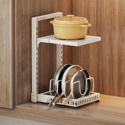 Dxcaicc Adjustable Pot Organizer Rack for Under Cabinet, Heavy Duty Storage Holder for Pots, Pans, and Lids, Space-Saving Kitchen Shelf Organizer,White,Second Layer
