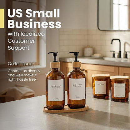 Maisonovo Glass Soap Dispenser Bathroom Set | Hand Soap and Dish Soap Dispenser Set | 16.9oz Amber Bottles with Black Bamboo Pump | Bathroom Lotion Dispenser with Pump Set of 2