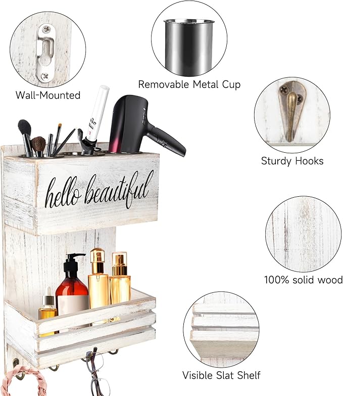 Cokritsm Wooden Hair Dryer Holder Wall-Mounted - 2 Tier Bathroom Storage Shelf Cosmetic & Hairdressing Tools Organizer for Bathroom Countertop/Vanity (White)