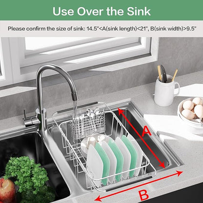 SwetLao Dish Drainer Rack in Sink Adjustable, Expandable 304 Stainless Steel Metal Dish Drying Rack Organizer with Stainless Steel Utensil Holder Over Inside Sink Counter, Rustproof