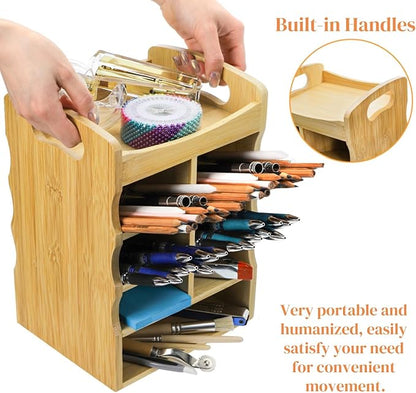Bamboo Art Supply Organizer, 360° Rotating Pen Holder with Handle, Holds 400+ Pencils, 15 Compartments Desktop Storage Stationary Caddy for Colored Pencil, Pens, Art Brushes, Crayon