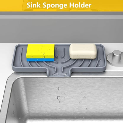 JOOKKI Sponge Holder for Kitchen Sink, Soap Tray for Sink & Counter, 9.8"×4.9" Soap Dish Mat, Silicone with Drain, Perfect for Dispenser, Scrubber, Bottle, Cup (Gray)