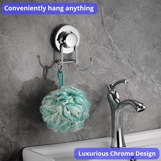 HOME SO Suction Cup Hooks for Shower, Bathroom, Kitchen, Glass Door, Mirror, Tile – Loofah, Towel, Coat, Bath Robe Hook Holder for Hanging up to 15 lbs – Rustproof Chrome Stainless Steel (2-Pack)