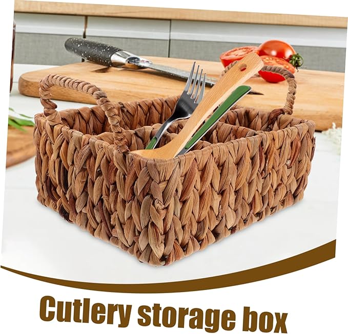 Woven Cutlery Organizer Basket Divided Hyacinth Design for Tabletop Cabinet Natural Storage for Silverware Snacks Stylish Space-saving Home Decor