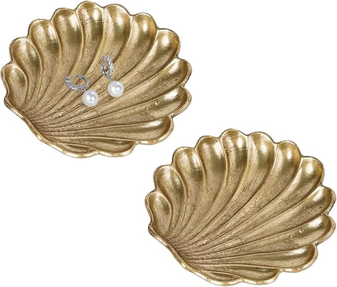 NIKKY HOME Vintage Gold Ring Holder Jewelry Dish Set of 2, Shell Shaped Trinket Display Decorative Metal Tray Classy Birthday Christmas Gifts for Women