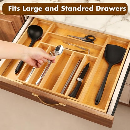 Bamboo Drawer Organizer, Expandable Flatware Cutlery Tray, 9 Slots Adjustable Kitchen Utensil Drawer Dividers Silverware Tray Holder for Spoons, Forks, Knives (Natural)