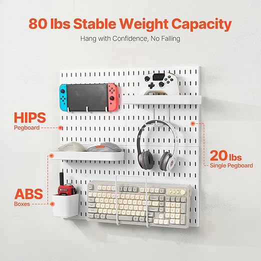 VEVOR Pegboard Combination Kit, 11" x 11" Plastic Pegboard, 4 Panels, Peg Board Wall Organizer Kit with Accessories, for Garage Tool Storage Kitchen Living Room Craft Room Office Bathroom Home, White