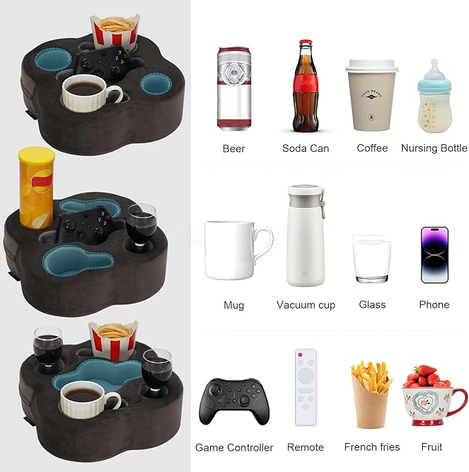 Couch Cup Holder Pillow, Sofa Organizer Caddy Bed Refreshment Tray for Drinks, Remotes, Phones, Snacks (Soot)