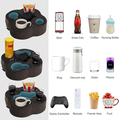 Couch Cup Holder Pillow, Sofa Organizer Caddy Bed Refreshment Tray for Drinks, Remotes, Phones, Snacks (Soot)