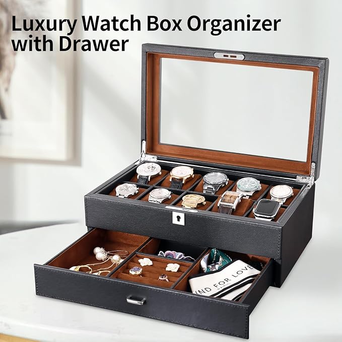 HELMDY Leather Watch Box with Drawer-10 Slots Locking Jewelry Watches Holder for Men-Luxury Watch Case Display Organizer-2 Tier Organizer Watch Showcase-Storage Case