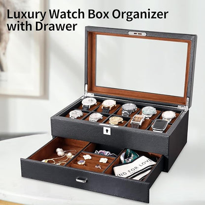 HELMDY Leather Watch Box with Drawer-10 Slots Locking Jewelry Watches Holder for Men-Luxury Watch Case Display Organizer-2 Tier Organizer Watch Showcase-Storage Case