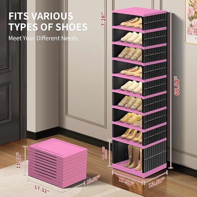 CIMLORD 9-Tier Foldable Shoe Rack Organizer for Closet,18 Pairs Collapsible Plastic Shoe Shelf,Clear Stackable Shoe Storage Boxes with Door Easy Assembly,Shoe Cabinet with Lids Large（Black-pink）