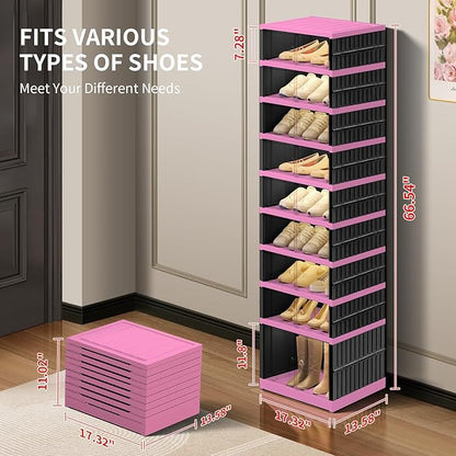 CIMLORD 9-Tier Foldable Shoe Rack Organizer for Closet,18 Pairs Collapsible Plastic Shoe Shelf,Clear Stackable Shoe Storage Boxes with Door Easy Assembly,Shoe Cabinet with Lids Large（Black-pink）