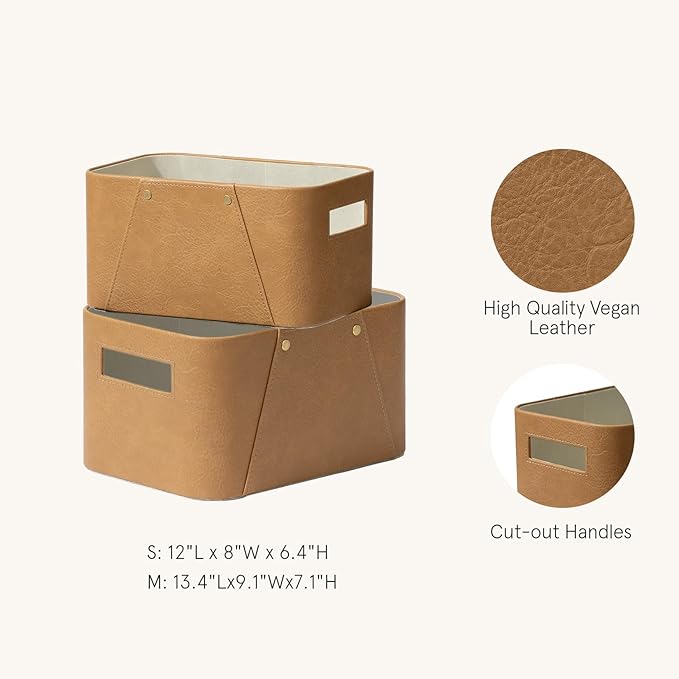 LA JOLIE MUSE Storage Baskets for Organizing, 2 Pack, Storage Cube Boxes Luxury Brown Vegan Leather for Closet Shelf Cabinet Bookcase Camel