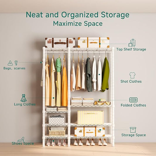 Heavy Duty Garment Rack, Metal Freestanding Closet Wardrobe Clothes Racks for Hanging Clothes, 4 Tiers Adjustable Wire Shelving, 44.9'' L x 16.5'' W x 76.8 '' H, Max Load 850LBS, White