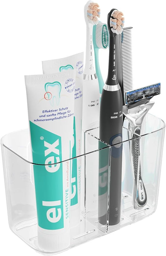 Toothbrush Holder for Bathroom Countertop and Wall with Adhesive, 5 Slots Family Size Electric Tooth Brush and Paste Holder, Kids Tooth Rush Holders and Toothpaste Organizer (Clear)