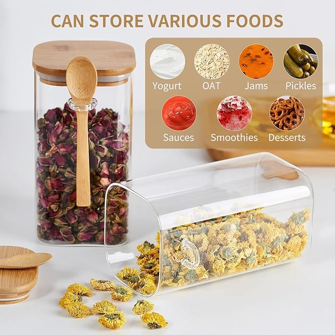 Unbreakable Glass Jars with Airtight Bamboo Lid and Spoon, 4Pcs 49OZ Glass Kitchen Canisters, Overnight Oats Containers, Glass Food Storage Containers for Coffee Beans, Flour, Sugar, Cookie,Pasta