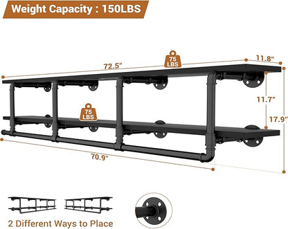 Aheaplus Industrial Pipe Clothes Rack with Top Shelf, 73In Space-Saving Wall Mounted Clothing Rack, 2 Tiers Heavy Duty Pipe Clothing Shelves with Hanging Rod for Laundry Room, Closet Storage, Black