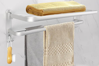 Towel Rack for Bathroom, Bath Towel Holder with Double Towel Bar and Fold-able Towel Shelf, Rustproof Towel Organizer Wall Mounted Towel Storage Hanger for Bath/Balcony/Lavatory(16In Sliver)
