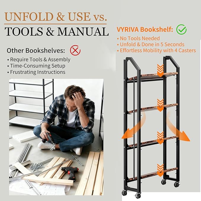 No Assembly Folding Bookshelf for Living Room, 4 Tier Collapsible Book Shelf for Home Office, Portable Bookcase Storage Organizer