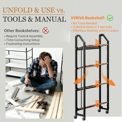 No Assembly Folding Bookshelf for Living Room, 4 Tier Collapsible Book Shelf for Home Office, Portable Bookcase Storage Organizer