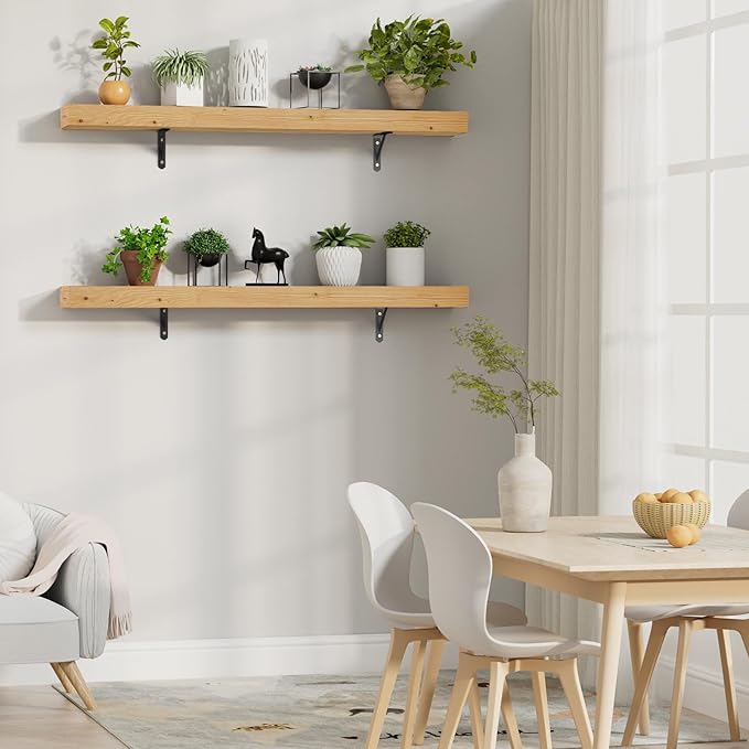 ROOMTEC Fireplace Mantel,60" Wood Fireplace Shelves with L-Shaped Bracket,Wall Mounted Wooden Shelving,Handcrafted Wood Brack,Mantels Over Fireplace, 60" x 8" x 3"-Clear Varnished Natural Wood