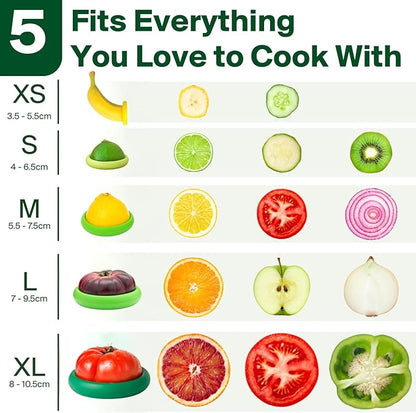 Food Huggers 5pc Reusable Silicone Food Savers | BPA Free & Dishwasher Safe | Fruit & Vegetable Produce Storage for Onion, Tomato, Lemon, Banana, Cans & More | Round, Fresh Greens
