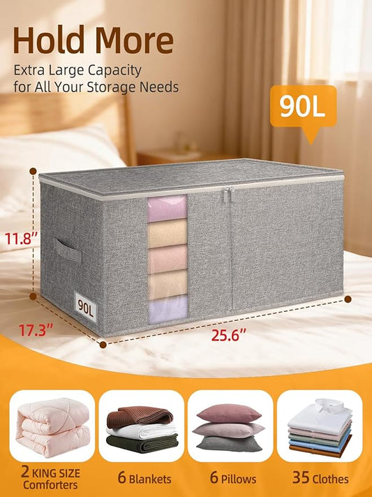 boailydi 90L King Size Comforter Storage Bag w/Rigid Panels, Large Blanket Organizer for Closet, Stackable & Foldable Container w/Clear Window & Smooth Zippers for Bedding Sets/Clothes, 2 Pack, Gray